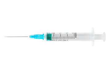 Empty syringe close up isolated on white background. Vaccine plastic hypodermic syringe. Close-up...