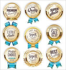 A collection of various badges and labels 