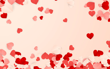Happy Valentines Day background, paper red, pink and white hearts confetti. Vector illustration