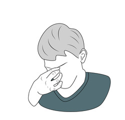 the man is tired. holding his hand to his head. vector illustration.