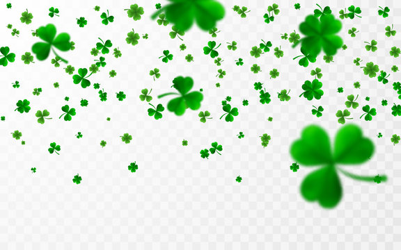 Saint Patrick's Day Border with Green Four and Tree 3D Leaf Clovers. Irish Lucky and success symbols. Vector illustration