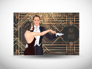 Art Deco vintage invitation template design with illustration of flapper girl. patterns and frames. Retro party background set 1920s style. Vector for glamour event, thematic wedding or jazz party.