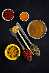 Selection of various species and herbs in bowl and spoons