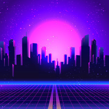 Retro Futurism. Vector Futuristic Synth Wave Illustration. 80s Retro Poster Background With Night City Skyline. Rave Party Flyer Design Template In 1980s Style.