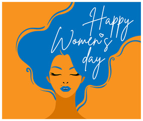 International Women's Day. Vector illustration of pretty woman portrait with fluttering hair in flat style. Stylish design templates for cards, posters, flyers, banners.