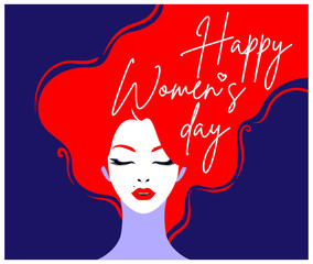 International Women's Day. Vector illustration of pretty woman portrait with fluttering hair in flat style. Stylish design templates for cards, posters, flyers, banners.