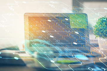 Double exposure of computer and technology theme hud. Concept of innovation.