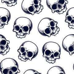 Human skulls seamless pattern. Vector illustration of cute skulls in engraving technique isolated on white background.