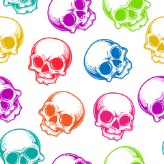 Human skulls seamless pattern. Vector illustration of cute multicolored skulls in engraving technique isolated on white background.