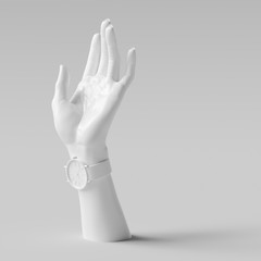Elegant female hand gesture sculpture, white woman accessories art background, mannequin hand and wrist watch isolated, 3d rendering