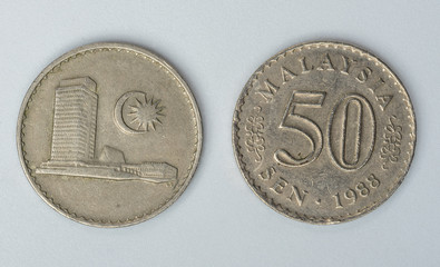 1988 Malaysia coin  50 sen isolated on white background front and back view © Lee