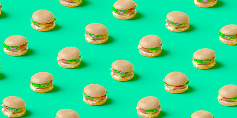 Hamburger fast food pattern on green background. Burger art banner, Minimal junk food concept. 3d illustration.