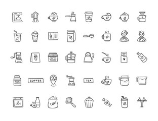 Coffee shop vector icons on white background. Hand drawn coffee elements collection. Cafe symbols, hot drinks and desserts