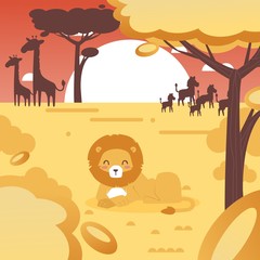 Safari in Africa. Lion animal on African savannah landscape. Wildlife flat vector illustration. Zebra and giraffe silhouette on sunset. Feline carnivore cartoon character. Lion the king of jungle.