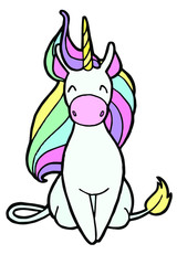 Vector illustration. Hand drawing. Cartoon unicorn. Rainbow mane. Sitting unicorn. Isolated on white. Cute character. Original print.