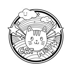 coloring page for kid, cat face with abstract outline star and cloud
