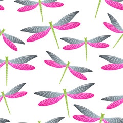 Dragonfly childish seamless pattern. Summer clothes fabric print with darning-needle insects. 