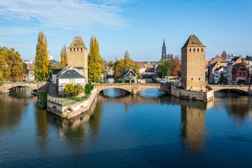 Famous oldtown of Strassbourg Petite France with reflections in the water with a view on the...