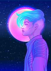 Portrait of a young pretty androgynous woman with short shaved pixie undercut in retro futurism style. Vector illustration in neon bright colors. Blue short hair. futuristic synth wave flyer template
