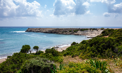The rocky coast of the Mediterranean Sea on the Akamas Peninsula in the northwest of the island of...
