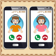 Call center agents in the phone. Vector illustration.