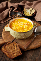 Bowl with traditional Russian cabbage soup