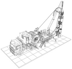 Oilfield coiled tubing equipment. Coiled tubing reel on a trailer. The layers of visible and invisible lines are separated.