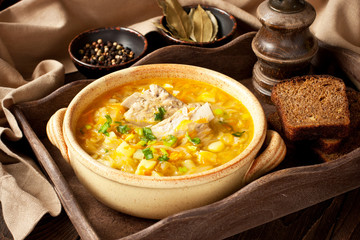 Traditional Russian soup shchi with  sour cabbage