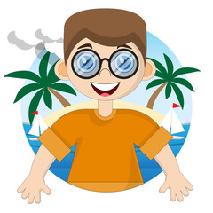 Cute boy on vacation. Isolated on white background. Vector illustration.