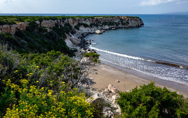 The rocky coast of the Mediterranean Sea on the Akamas Peninsula in the northwest of the island of Cyprus.