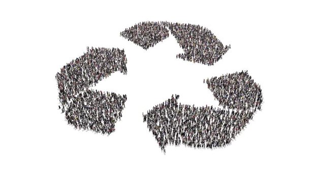 3d animation of People gathering and forming recycle arrows logo