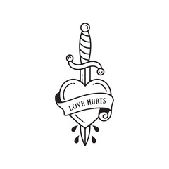 Dagger and heart tattoo with wording love hurts. Traditional tattoo heart and dagger old school tattooing style ink.