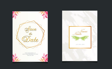 Wedding invitation cards with indigo marble texture background and gold geometric line design vector.