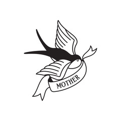 Fototapeta premium Swallow tattoo with wording mother. Traditional tattoo swallow old school tattooing style ink.