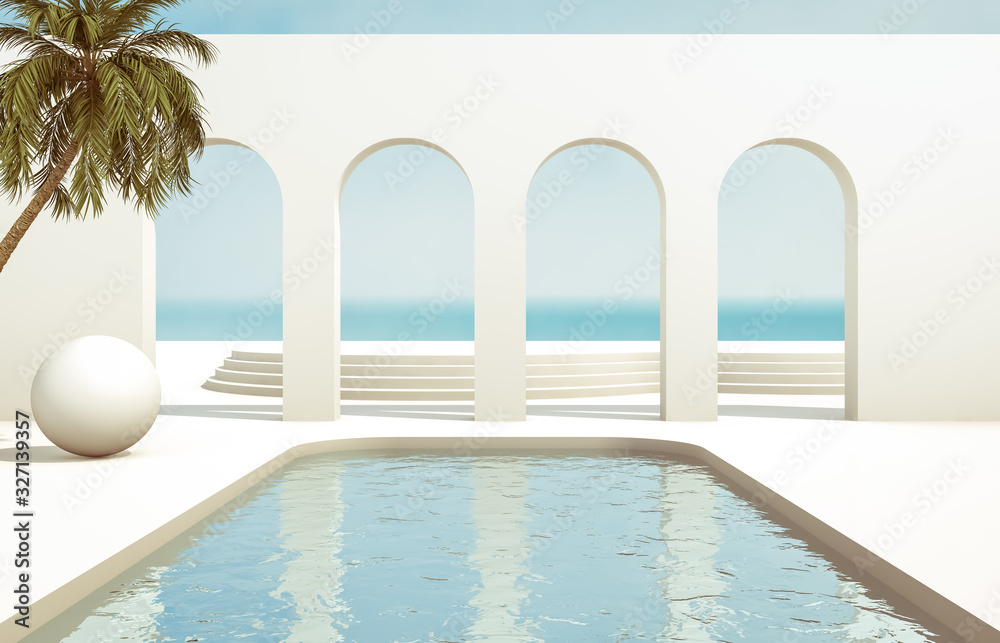Fototapete scene with geometrical forms, arch with a podium in natural day light. minimal landscape background.