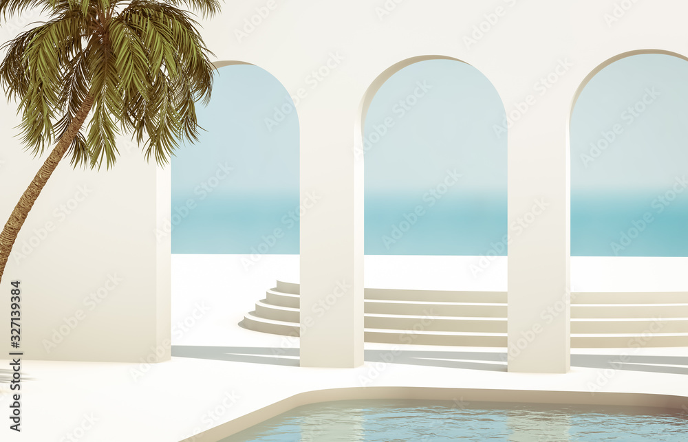 Fototapete scene with geometrical forms, arch with a podium in natural day light. minimal landscape background.