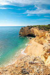 high cliffs on the shore of the Atlantic Ocean. Portugal. Algarve.
