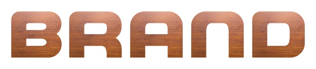 BRAND word with brown wooden texture on white background.