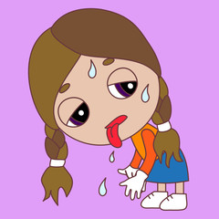 emoticon with a deadly chibi girl that stands half-bent and sticks out its tongue, sweat flows from his forehead, color vector emoji on isolated background