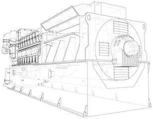 Gas-engine. Gas engine is an internal combustion engine which runs on a gas fuel. Wire-frame line isolated on white. Vector rendering of 3d.