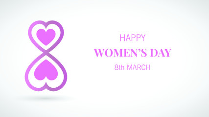 Creative design for international women's day on the 8th of march with number 8 with combination of two purple heart symbols on isolated white background