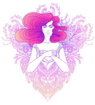 Pretty fairy elf. Portrait of young woman view with long hair. Pixie pagan princess. Vector isolated illustration. Fantasy, spirituality, occultism, tattoo. Art nouveau inspired. Sticker design.