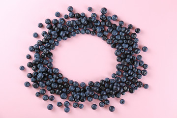 Perfectly ripe freshly picked local produce blueberries. Close up, copy space for text, top view, background. Healthy vegan snacks full of antioxidants. Seasonal summer berries.