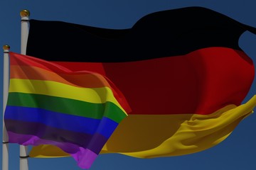LGBT flag and German flag on a pole waving in the wind together representing rights and pride. 3D rendering.