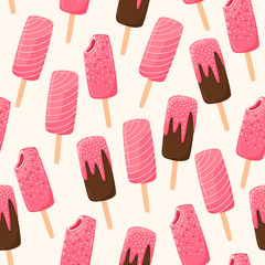 Chocolate & fruit sundae seamless pattern. Vector illustration on light beige background for ice cream parlor advertising, decoration, packaging, flyer, banner. Pink eskimo with berry filling