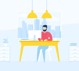 Fototapeta premium man working in open office space, vector illustration