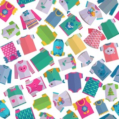Baby clothes vector illustration seamless pattern. Kids clothing garments underwear, bodysuits, shirts, dresses, cute colorful collection set isolated for little children toddlers girls and boys.