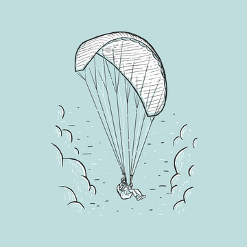 Vector Paraglider. Sketch color illustration with hand drawn skydiver flying with a paraglider. Extreme sports concept. Design for print, cover, poster and banner