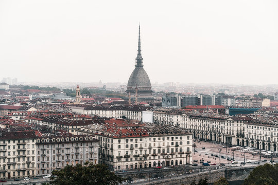 Turin, Italy. Mole Antonelliana seen from Monte dei Cappuccini, amazing Italian landscape