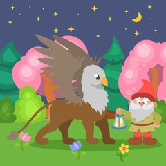 Gnome and griffin mythological characters with lantern in fairytale cartoon forest vector illustration. Magical wood at halloween night fantasy nature landscape card, wallpaper.